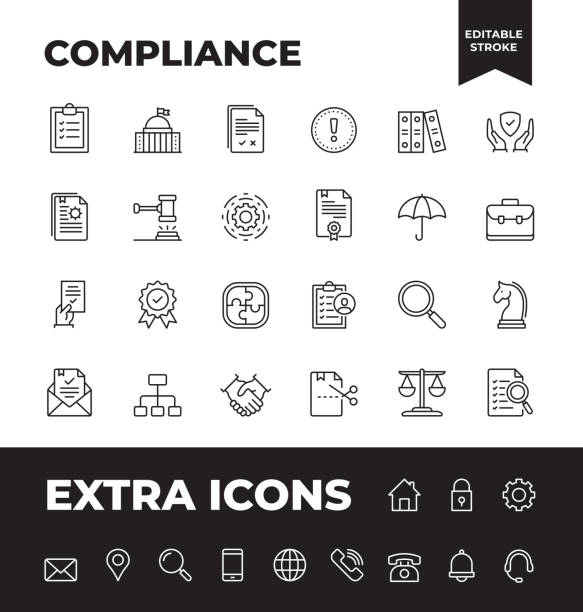 ilustraciones, imágenes clip art, dibujos animados e iconos de stock de conjunto simple de iconos de línea vectorial de cumplimiento - compliance