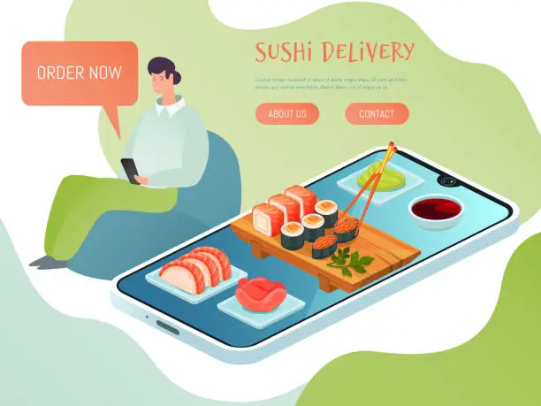 Vector illustration of Sushi delivery online service vector illustration. Isometric delivering landing page, web site template. Restaurant delivers Japanese food.