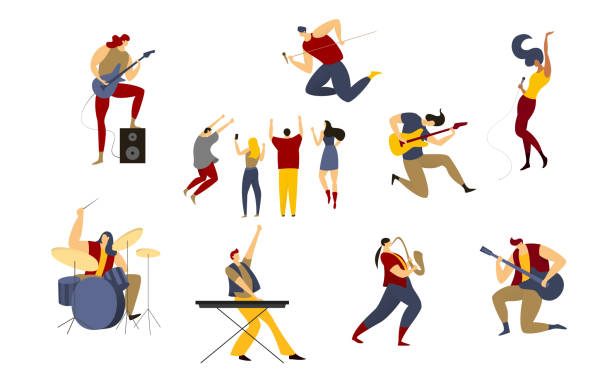 stockillustraties, clipart, cartoons en iconen met de vectorillustratie van de bandvan de band, beeldverhaaltuimelschakelaar, de zanger van de mensenvrouwenster op stadium van muziek levende overlegpartij die op wit wordt geïsoleerdn - toetsenist