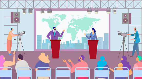 Debate of political party candidates, election campaign, people cartoon characters, vector illustration. Man and woman speaker on stage, audience discussion in studio. Opponent argument at conference