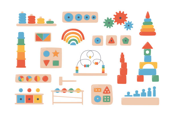 Children wooden toys for Montessori games. Education logic toys for preschool kids. Children wooden toys for games. Education logic toys for preschool kids. system for early childhood development. Multicolored sorters. Set of vector objects on white background baby toys stock illustrations