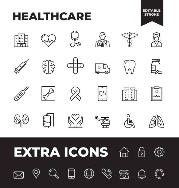 ilustraciones, imágenes clip art, dibujos animados e iconos de stock de conjunto simple de iconos de línea vectorial de atención médica - medical