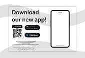 Download page of the mobile app. Empty screen smartphone for you apps. Download our new app ,Mobile App. Load buttons. Download our App, background. Banner Page of the mobile application