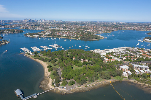 Aerial view of Cabarita Park and marina on the banks of the Parramatta river, Sydney, Australia.