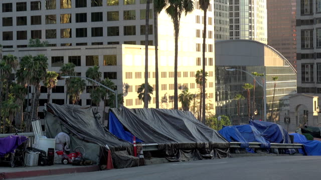 Homeless encampment on the sidewalk in Los Angeles