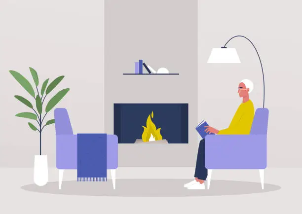 Vector illustration of Young male character reading in the living room next to a fireplace, cozy interior