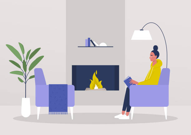 ilustrações de stock, clip art, desenhos animados e ícones de young female character reading in the living room next to a fireplace, cozy interior - wall profile