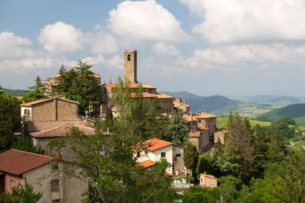 View of Castelnuovo Val Di Cecina, a medieval hill town in the province of Siena, Tuscany, Italy.