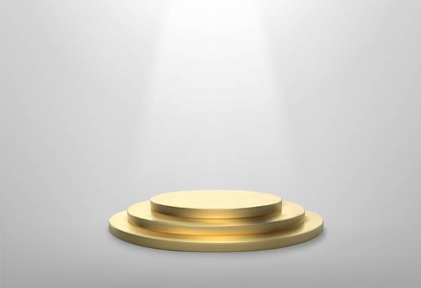 Realistic gold stage podium. Round winner pedestal. Illuminated place with spotlight. 3d empty platform. Vector illiustration. Realistic gold stage podium. Round winner pedestal. Illuminated place with spotlight. 3d empty platform. Vector illiustration. 2nd base stock illustrations