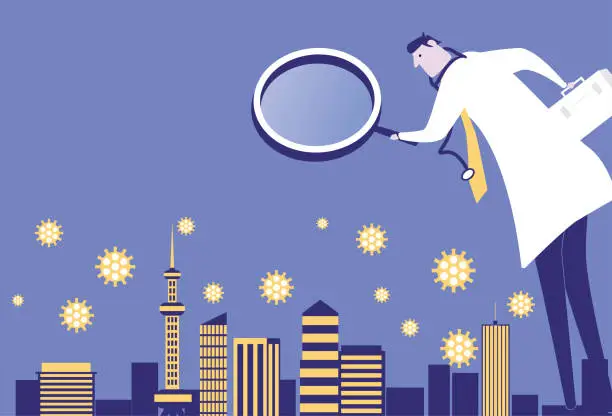 Vector illustration of The doctor uses a magnifying glass to check the virus in the city, the doctor protects the city