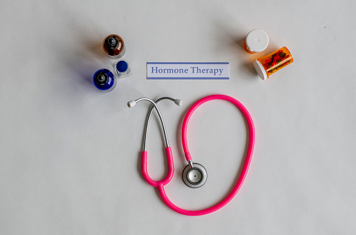 Overhead view of medications and hormone therapy.