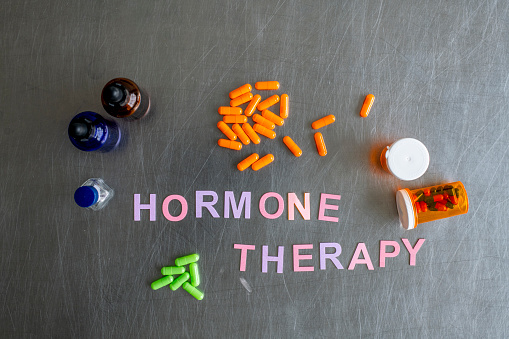 Overhead view of medications and hormone therapy.