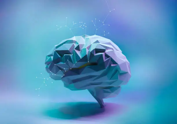 Colorful blue and pink low poly side view human brain with connection dots. Concept of artificial intelligence and machine learning.