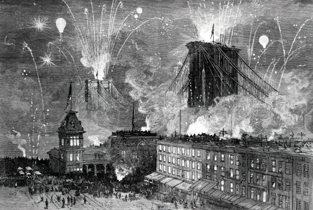 ilustrações de stock, clip art, desenhos animados e ícones de opening ceremony of the brooklyn bridge, 1883 - east river illustrations