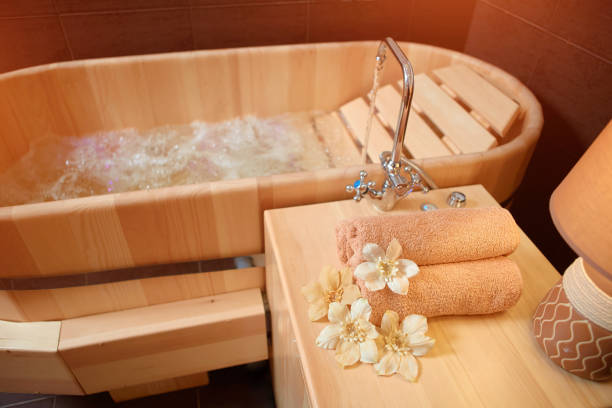 istock Relaxing cedar wood bath with hydro massage 1220253923