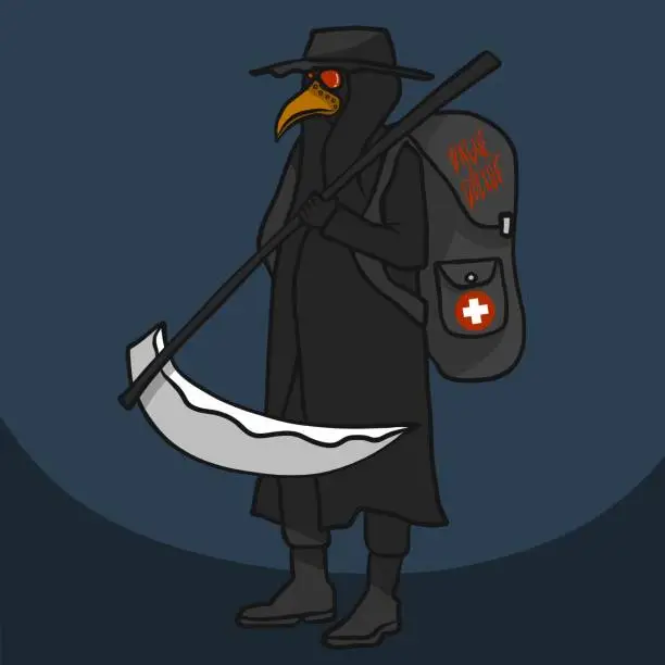 Vector illustration of The plague doctor (crow doctor) with military doctor bag and scythe in hand cartoon vector illustration