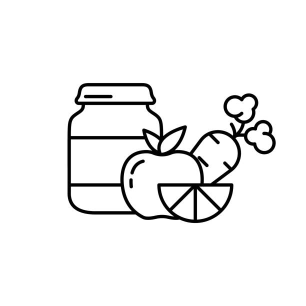 ilustrações de stock, clip art, desenhos animados e ícones de food preservation. glass jar with baby food and different fruits and vegetables - frasco comida biologica
