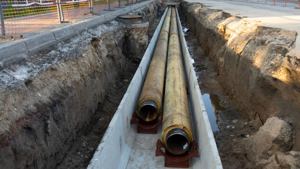 Replacement pipes in the city.Construction of heating mains for municipal infrastructure. stock photo