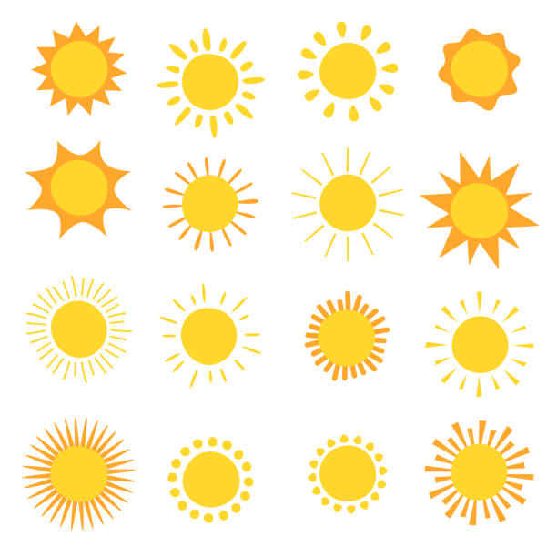 ilustraciones, imágenes clip art, dibujos animados e iconos de stock de conjunto de soldibujados a mano sobre fondo blanco, ilustración vectorial - rayo de sol ilustraciones