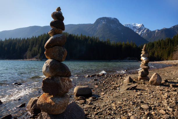 Girl in Canadian Nature Balancing Rocks on the beach by the Alouette Lake during a sunny winter day. Taken in Golden Ears Provincial Park, near Vancouver, British Columbia, Canada. alouette lake stock pictures, royalty-free photos & images