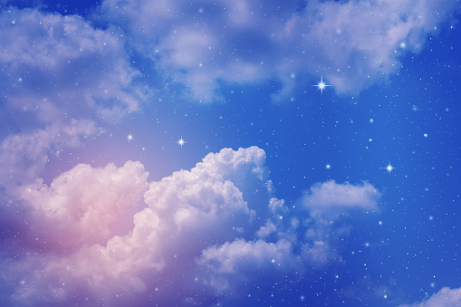 colorful night sky with cloud and stars, light blue tone