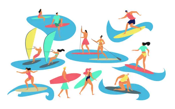 Vector illustration of People surfing, windsurfing, vector illustration, flat style, surfers characters isolated on white, extreme water sport.