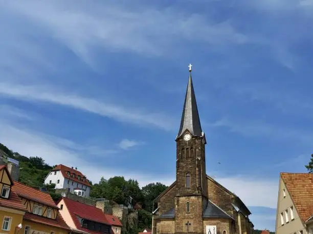 View on the citychurch and surrounding hills of Stadt Wehlen, Germany