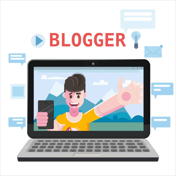 istock Blogger making video for blog or vlog. Popular young video streamer blogger man, live broadcast, podcast, online channel, laptop. Reviews, questions, answers of subscribers of the audience. Vector isolated illustration trendy flat style 1220273084