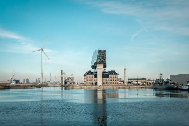 Port of Antwerp panorama. View on the modern Port House, by Zaha Hadid stock photo
