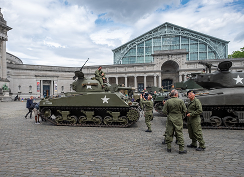 Brussels, Belgium - 20 July 2019: World War II tanks in front of the Royal Museum of Armed Forces. Preparations for the Belgian national day on 21 July.