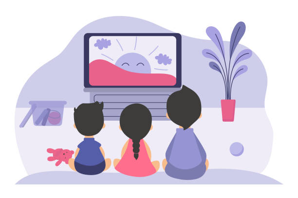 ilustraciones, imágenes clip art, dibujos animados e iconos de stock de niños y niñas sentados en la pantalla de tv - family cartoon child little girls