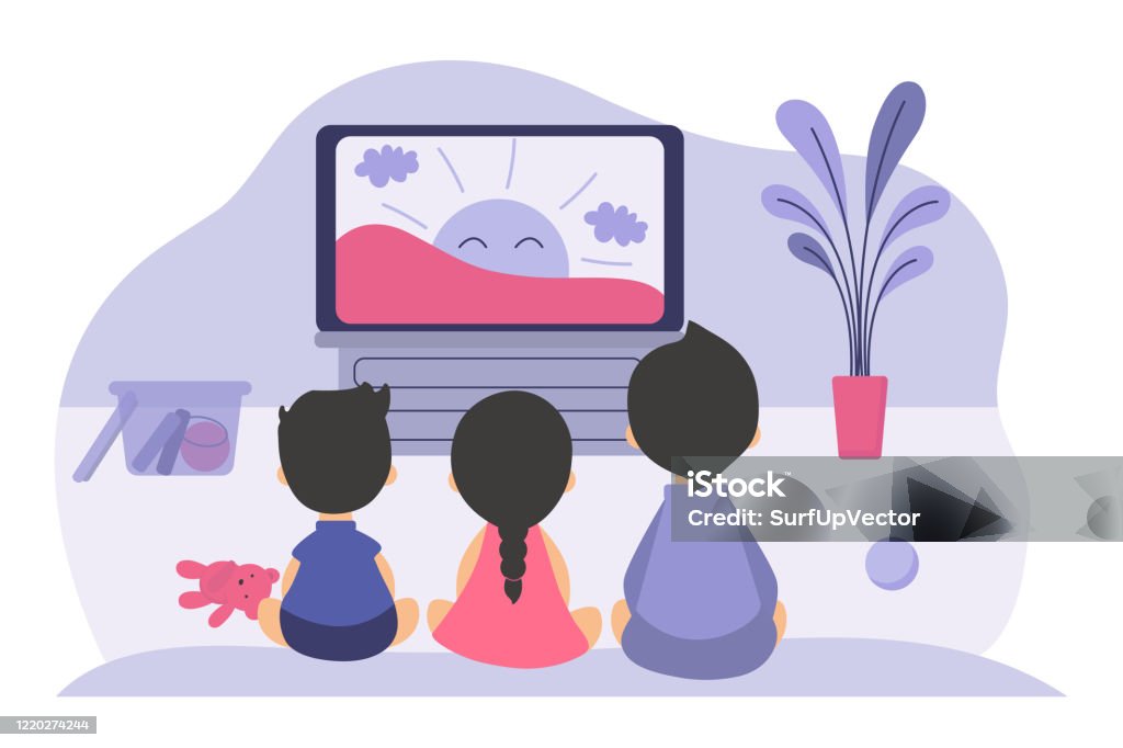 Boys And Girls Sitting At Tv Screen Stock Illustration - Download Image Now  - Child, Watching TV, Television Industry - iStock