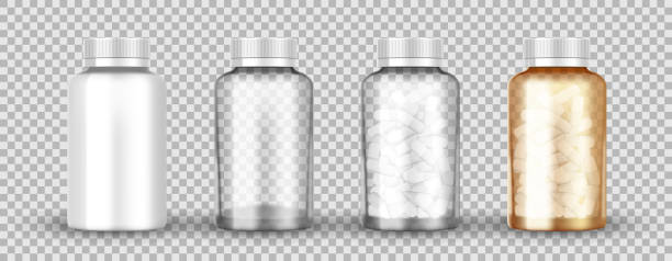 realistyczne przezroczyste pomarańczowe tabletki medyczne butelka izolowane. pusty, pełen tabletek kapsułkowych plastikowych i szklanych słoików. makieta opakowań butelek farmaceutycznych - vial capsule pill nobody stock illustrations