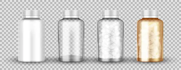 Vector illustration of Realistic transparent medical orange pills bottle isolated. Empty, full of capsule pills plastic and glass jar. Pharmaceutical bottle product packaging mockup