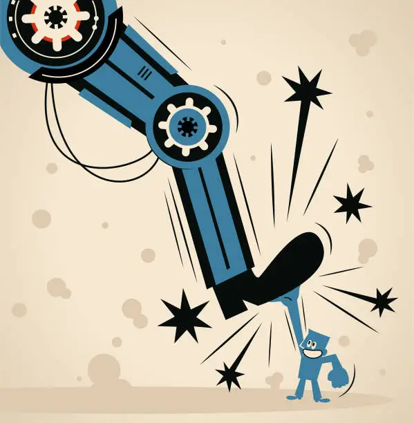 Vector illustration of Small blue man is lifting a heavy giant robot foot. Be a talent who won't be replaced by AI, like software developers, artists, human resource managers, designers, psychiatrists, and so on