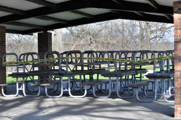 Picnic tables marked with caution tape during COVID-19 social distancing.