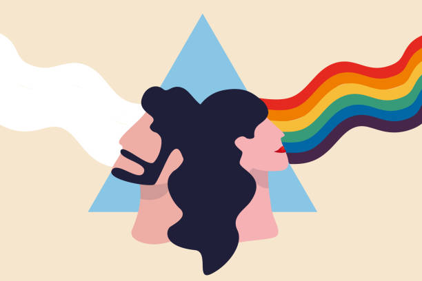 lgbtプライド虹、平等とレズビアン、ゲイ、バイセクシュアル、トランスジェンダー(lgbt)の概念、光を通してプリズム上の男女の顔を通して、本当のlgbt虹色を示しています。 - bi sexual illustrations点のイラスト素材／クリップアート素材／マンガ素材／アイコン素材