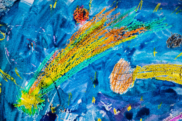 istock The children's drawing depicts yellow comets in blue space. gouache. horizontal 1220278792