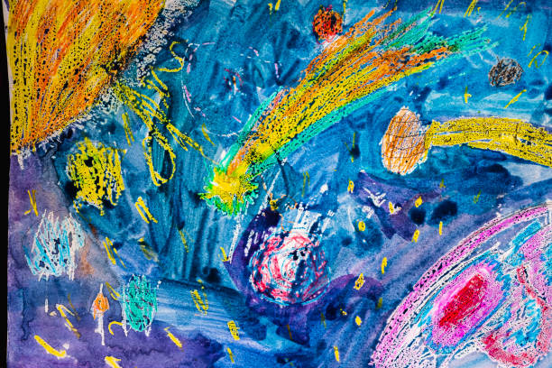 istock The children's drawing depicts yellow comets in blue space and planets. gouache. horizontal 1220278890