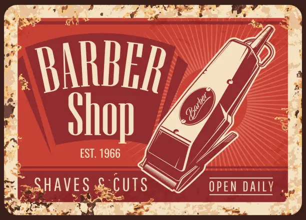 Vector illustration of Hair cut trimmer, barber shop rusty plate