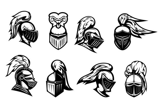 Knight warrior head in armor helmet, heraldry Knight in helmet armor, spartan warrior head, vector heraldic icons. Medieval warrior knight in armour helmet with visor and plumage, heraldry symbols sports helmet stock illustrations