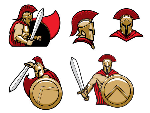 Spartan warrior, Greek Sparta soldier in armor Spartan warrior in helmet with shield and sword, vector heraldic icons. Greek Spartan or Roman Gladiator warrior knight in red cape and golden helmet roman centurion stock illustrations