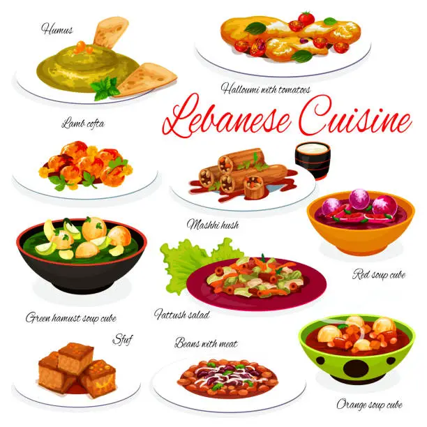 Vector illustration of Lebanese vegetable and meat dishes. Arabic cuisine