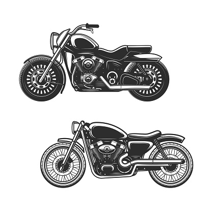 Motorcycle or bike isolated icons of race sport, road vehicle and transportation vector design. Motorbikes, side view of cruiser and bobber with engine cylinders, wheels and tires, gas tanks and seats