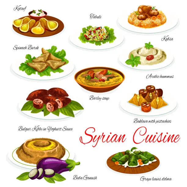 Vector illustration of Syrian food of vegetable, meat and dessert dishes