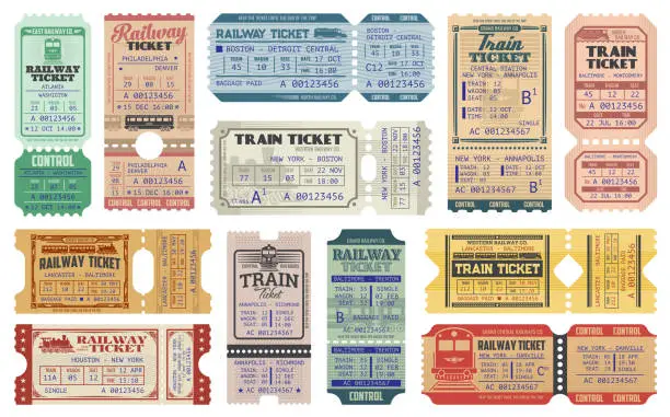 Vector illustration of Retro railway train tickets, US America travel