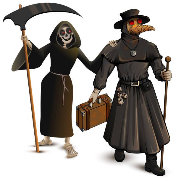 istock Medieval doctor in protective suit and grim Reaper. Epidemic character cartoon 1220279459
