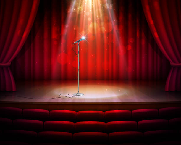 illustrazioni stock, clip art, cartoni animati e icone di tendenza di scena scenica con tende drappeggi rosse, microfono - stage theater theatrical performance curtain seat