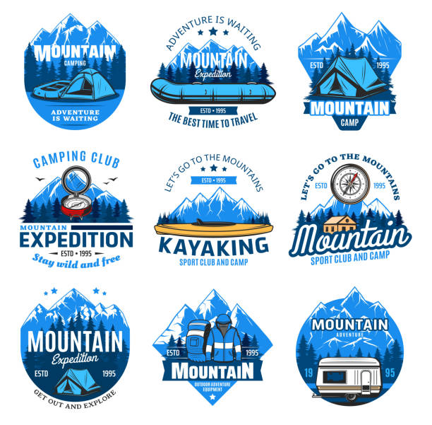 ilustraciones, imágenes clip art, dibujos animados e iconos de stock de expedición de senderismo, deporte de camping de montaña - inflatable raft camping kayak mountain climbing