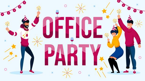 Office Party Celebration with Colleague Invitation Office Party Celebration with Colleague Invitation Poster. Happy Coworker wearing Cute Festive Hat with Sparklers Having Fun, Dancing. New Year, Xmas or Birthday Celebration Vector Illustration office parties stock illustrations